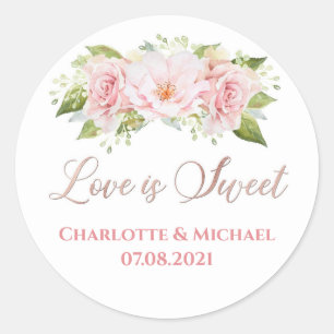 Adesivo Redondo Rosa Dourada Watercolor Flowers Love is Sweet Wed