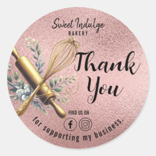 Adesivo Redondo Rosa Dourado Baking Utensls Obrigado
