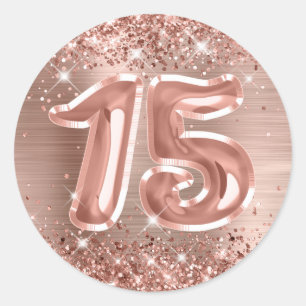Adesivo Redondo Rosa Dourado Brilhante Número 15 Aniversário