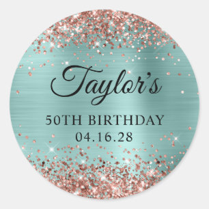 Adesivo Redondo Rosa Dourado brilhante turquesa pálida 50º Anivers