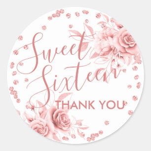 Adesivo Redondo Rosa Dourado Doce 16 Obrigado Brilhante