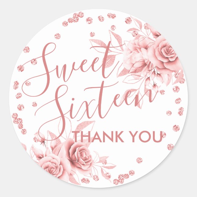 Adesivo Redondo Rosa Dourado Doce 16 Obrigado Brilhante (Frente)