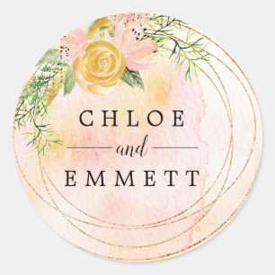 Adesivo Redondo Rosa Dourado e Favor de Casamento de Cor de Água R