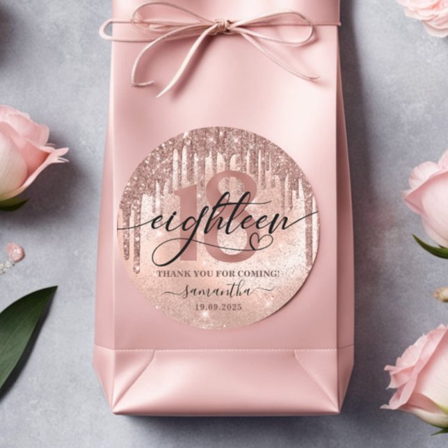 Adesivo Redondo Rosa Dourado Faux Glitter & Foil 18ª Festa de aniv (Criador carregado)