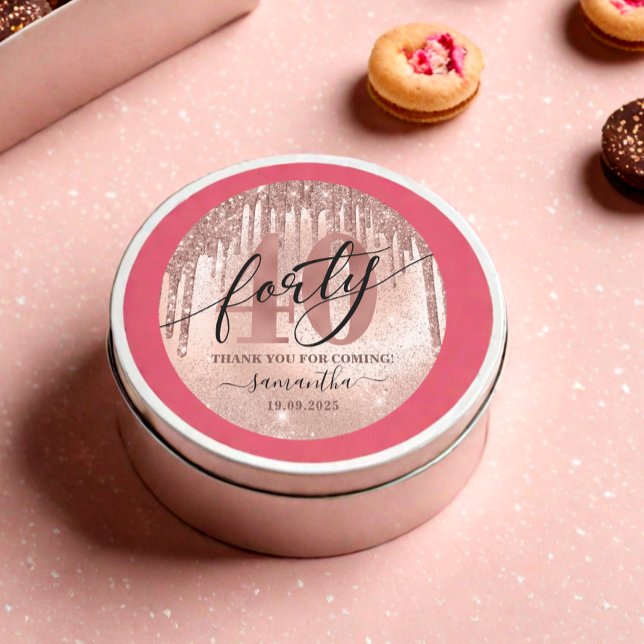 Adesivo Redondo Rosa Dourado Faux Glitter & Foil aniversário de 40 (Criador carregado)