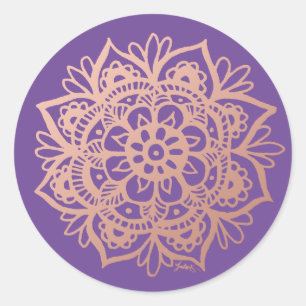 Adesivo Redondo Rosa Dourado Flor de Mandala em Roxo