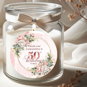 Adesivo Redondo Rosa Dourado Floral Verde 50º Aniversário