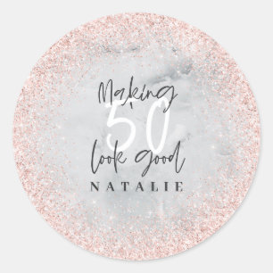 Adesivo Redondo Rosa dourado glitter 50º obrigado de aniversário