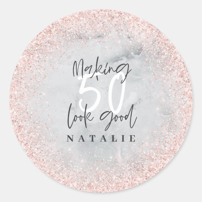 Adesivo Redondo Rosa dourado glitter 50º obrigado de aniversário a (Frente)