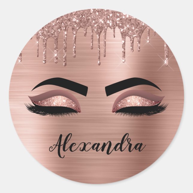 Adesivo Redondo Rosa Dourado Glitter Sparkle Eyelashes Monograma (Frente)