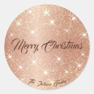 Adesivo Redondo Rosa Dourado Glitter Stars Nome Personalizado Xmas