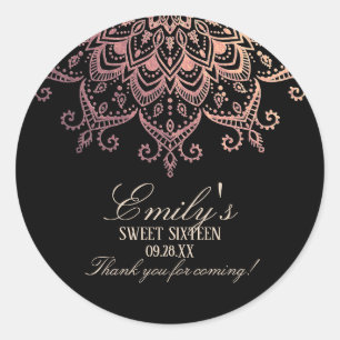 Adesivo Redondo Rosa Dourado Mandala Sweet 16 Obrigado