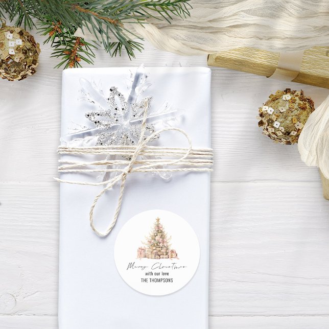 Adesivo Redondo Rosa Dourado Nome da Árvore Feliz Natal (Criador carregado)