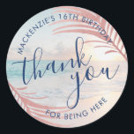 Adesivo Redondo Rosa Dourado Obrigado Praga Aniversário.<br><div class="desc">Rosa dourado e obrigado personalizado teal você favorece adesivos para um tema de praia tópica divertida e rosado ou festa de aniversário luau. O texto, as cores e as fontes são editáveis, fazer-as perfeitas para a 5 de 1rua de uma menina, ou para o 8º aniversário, ou para a 15...</div>