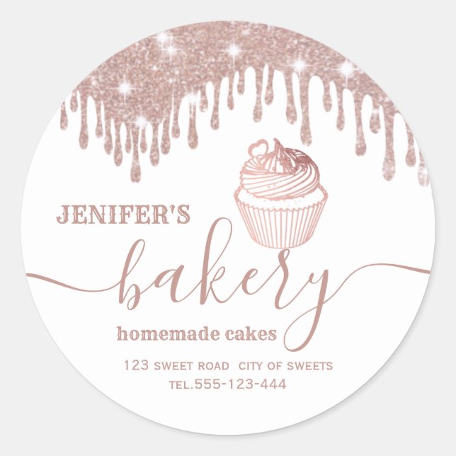 Adesivo Redondo Rosa dourado pinga cupcakes e doces caseiros (Frente)