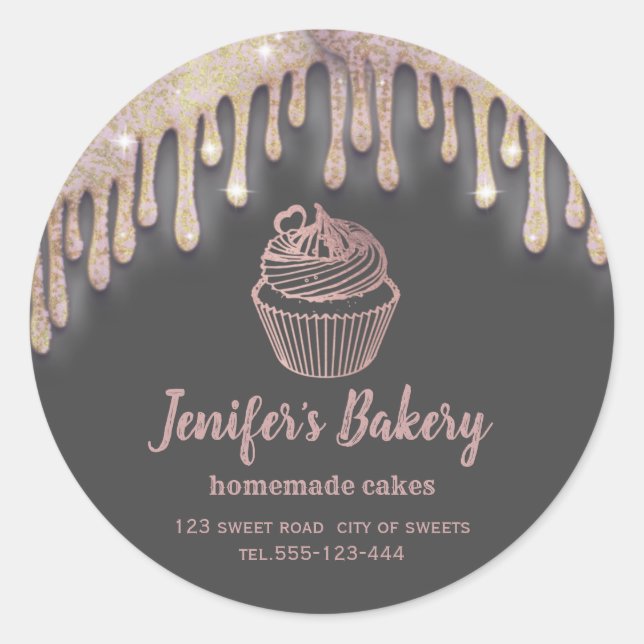 Adesivo Redondo Rosa dourado pinga cupcakes e doces caseiros (Frente)