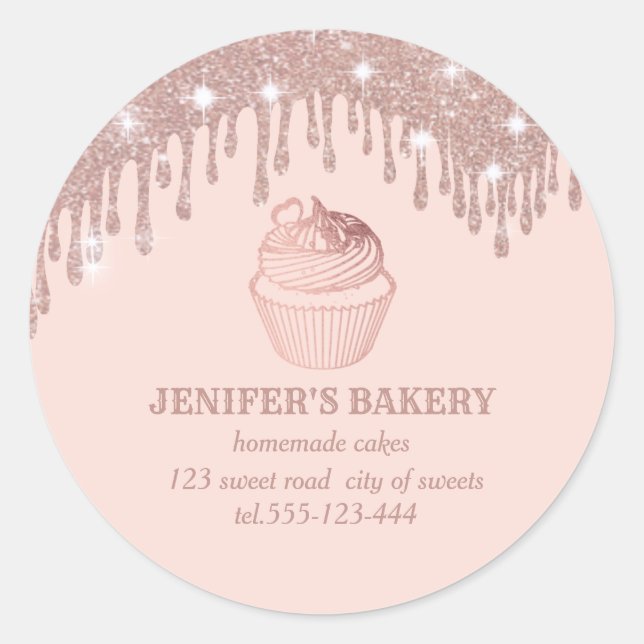 Adesivo Redondo Rosa dourado pinga cupcakes e doces caseiros (Frente)