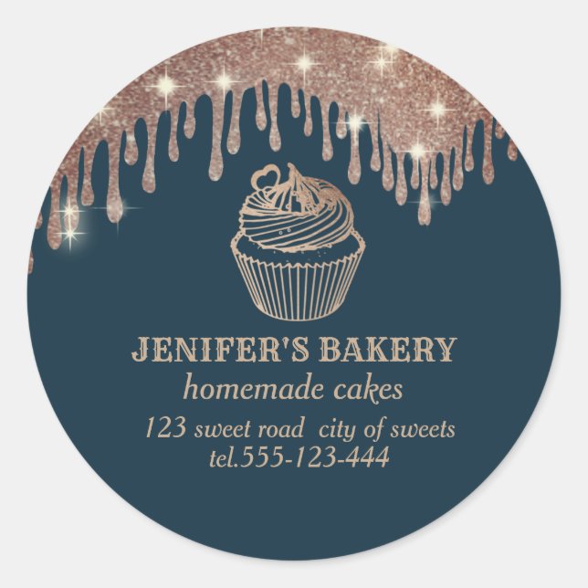 Adesivo Redondo Rosa dourado pinga cupcakes e doces caseiros (Frente)