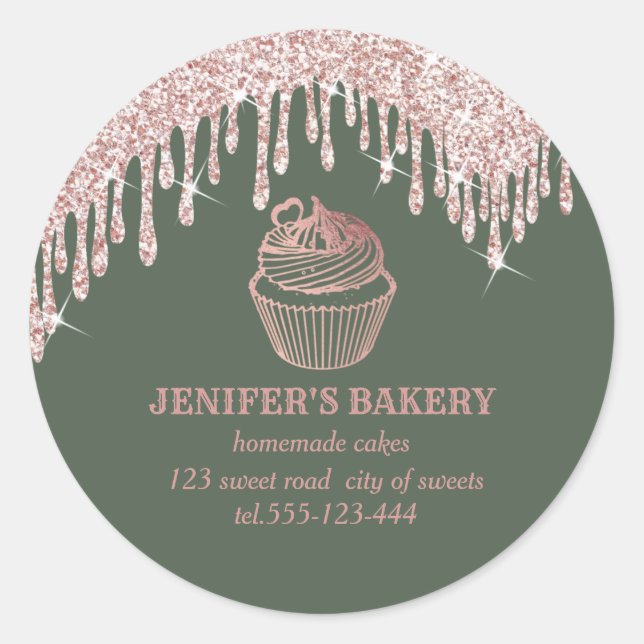 Adesivo Redondo Rosa dourado pinga cupcakes e doces caseiros (Frente)