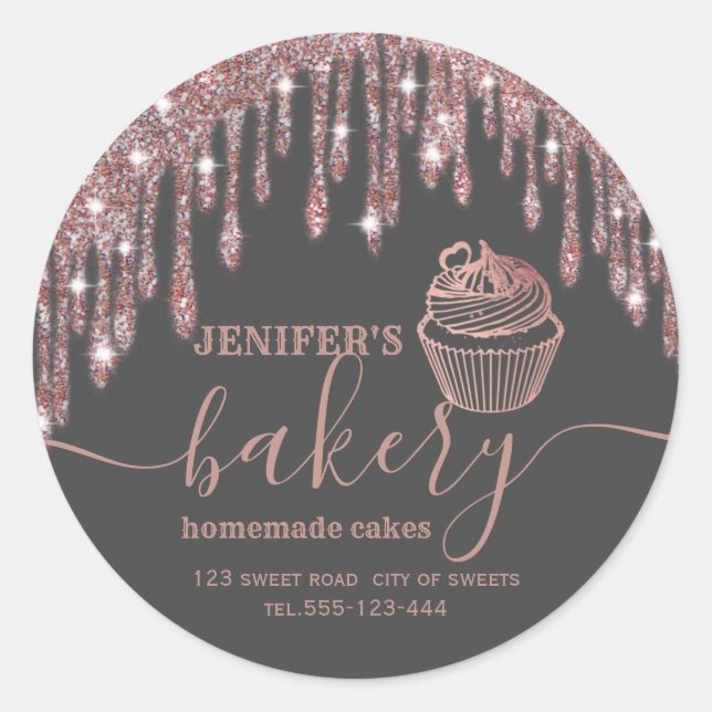 Adesivo Redondo Rosa dourado pinga cupcakes e doces caseiros (Frente)