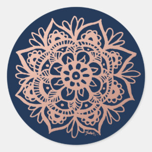 Adesivo Redondo Rosa Dourado Rosa Azul Escuro Flor Mandala