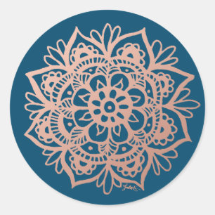 Adesivo Redondo Rosa Dourado Rosa Mandala Flor em Azul Marinho