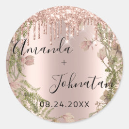 Adesivo Redondo Rosa Dourado Simplesmente Nome Data Floral Gotas