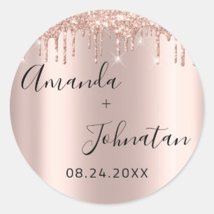 Adesivo Redondo Rosa Dourado Simplesmente Nome Data Gotas Pretas