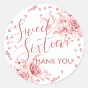 Adesivo Redondo Rosa Dourado Sweet 16 Obrigado Brilhante