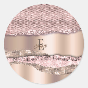 Adesivo Redondo Rosa Dourado Tendência Diamantes Brilho Monograma
