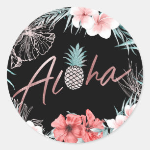 Adesivo Redondo Rosa Dourado Tropical Abacaxi Botânico Aloha Luau