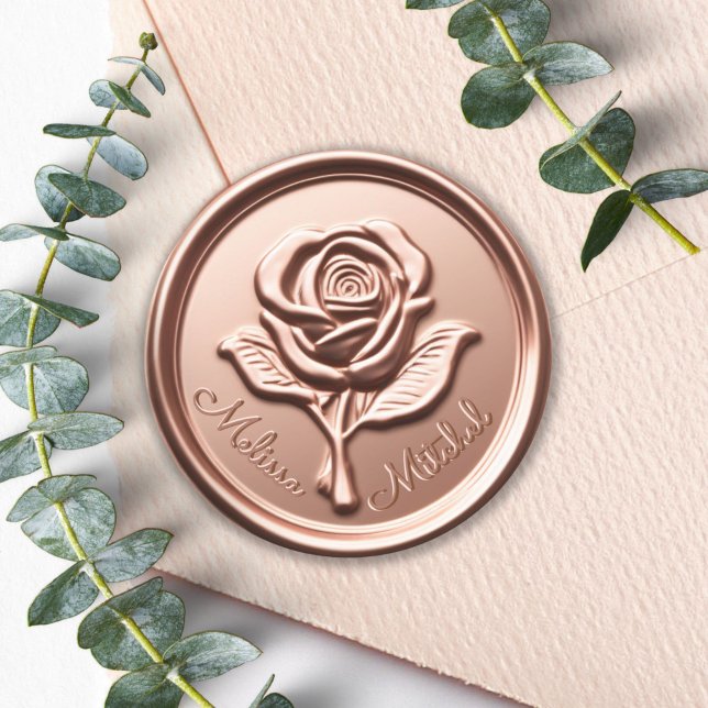Adesivo Redondo Rosa Dourado Vinheta de Casamento de Cera Faux (Rose Gold Wax Flower Wedding Envelope Seal Sticker)