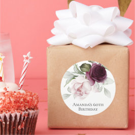 Adesivo Redondo Rosa e Borgonha Floral 60ª Festa de aniversário