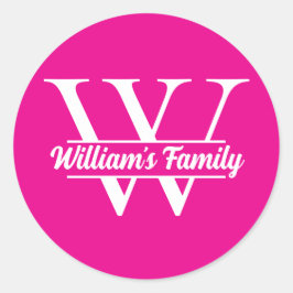 Adesivo Redondo Rosa e Branco | Monograma Simples de Nome de Famíl