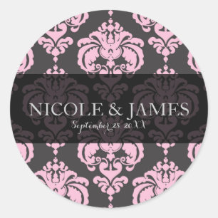 Adesivo Redondo Rosa e Cinza Damask Favor de Evento de Casamento V