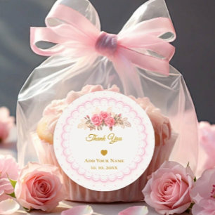 Adesivo Redondo Rosa e Dourado Script "Obrigado Com Muito Amor"