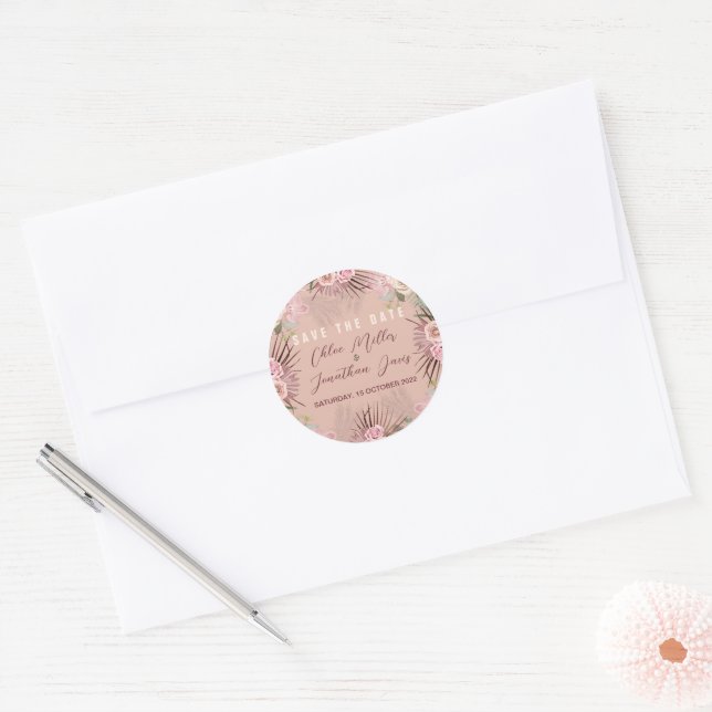 Adesivo Redondo Rosa Empoeirada Boho Tropical (Envelope)