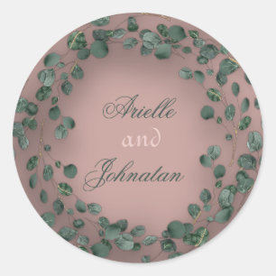 Adesivo Redondo Rosa Eucalyptus Wreath Casamento Favor Verde