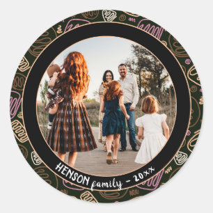 Adesivo Redondo Rosa Festivo Uma Arte de Linha da Família de Nata