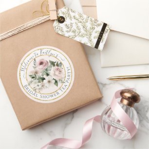 Adesivo Redondo Rosa Floral Dourada em Aquarela Chá Rosa Bridal Sh