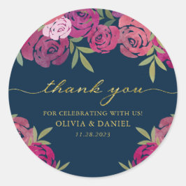 Adesivo Redondo Rosa Floral e Rosas Roxos Azul Obrigado