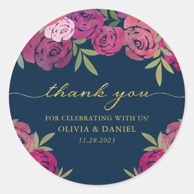 Adesivo Redondo Rosa Floral e Rosas Roxos Azul Obrigado (Frente)