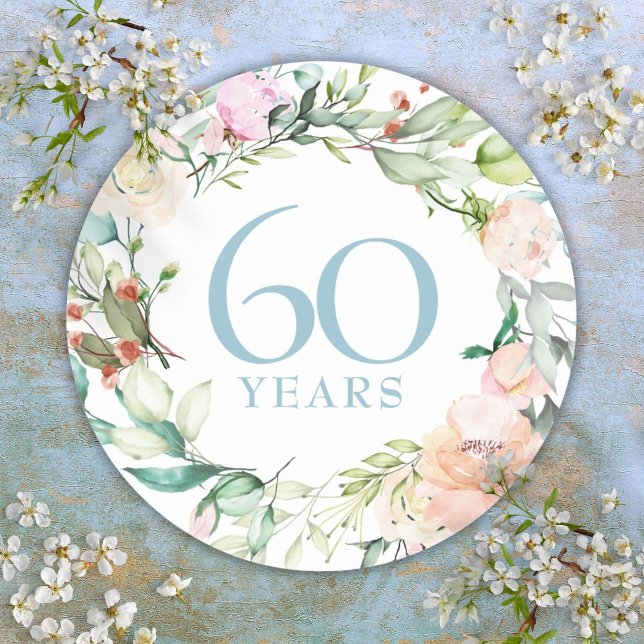 Adesivo Redondo Rosa Floral Garland 60º 75º aniversário de casamen (Roses Floral Garland 60th 75th Wedding Anniversary Classic Round Sticker)