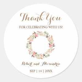 Adesivo Redondo Rosa Floral Obrigado por Vir Casar
