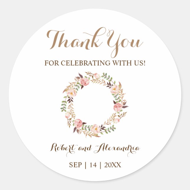 Adesivo Redondo Rosa Floral Obrigado por Vir Casar (Frente)
