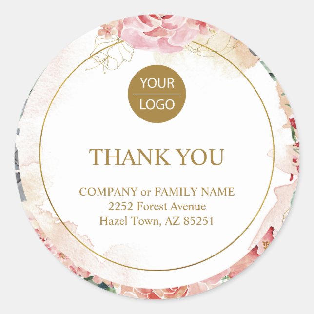 Adesivo Redondo Rosa floral pastel personalizado elegante "Obrigad (Frente)