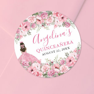 Adesivo Redondo Rosa Floral Quinceanera