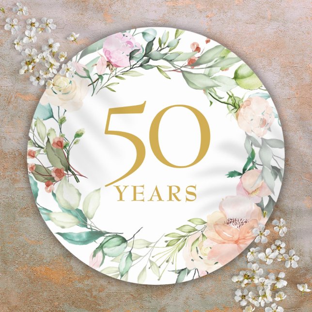 Adesivo Redondo Rosa Garland Dourado 50º aniversário de casamento (Roses Garland Gold 50th Wedding Anniversary Classic Round Sticker)