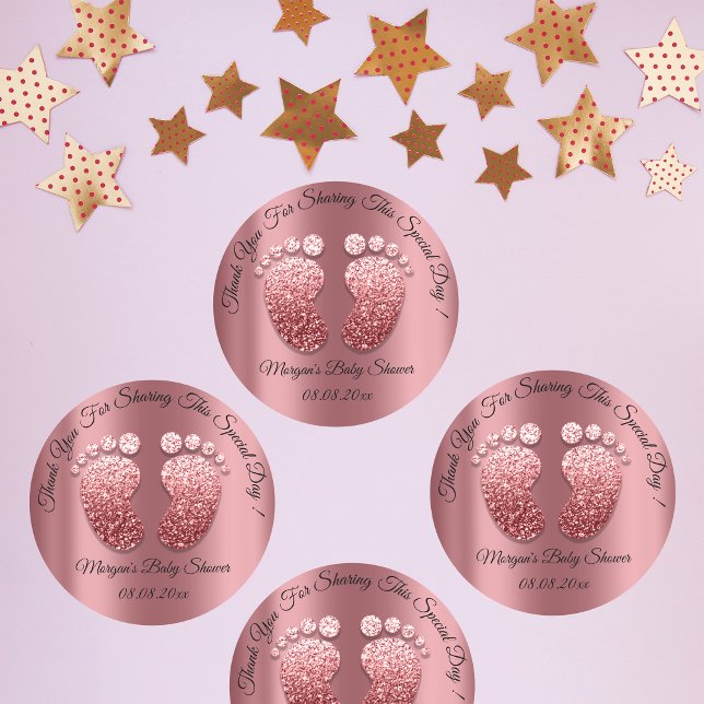 Adesivo Redondo Rosa Glitter Feet Chá de fraldas Favor Obrigado (Rose Glitter Feet Baby Shower Favor Thank You Classic Round Sticker)