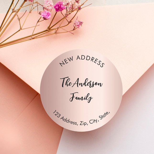 Adesivo Redondo Rosa ouro movemos um novo endereço (Criador carregado)
